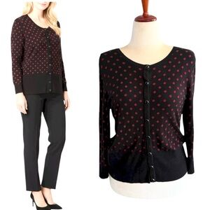 WHBM Classic Black Red Polka Dot Cardigan Sweater Women’s Large Snap Front